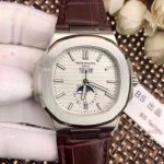 New Patek Philippe Nautilus White Face Annual Calendar Watch Brown Leather Strap